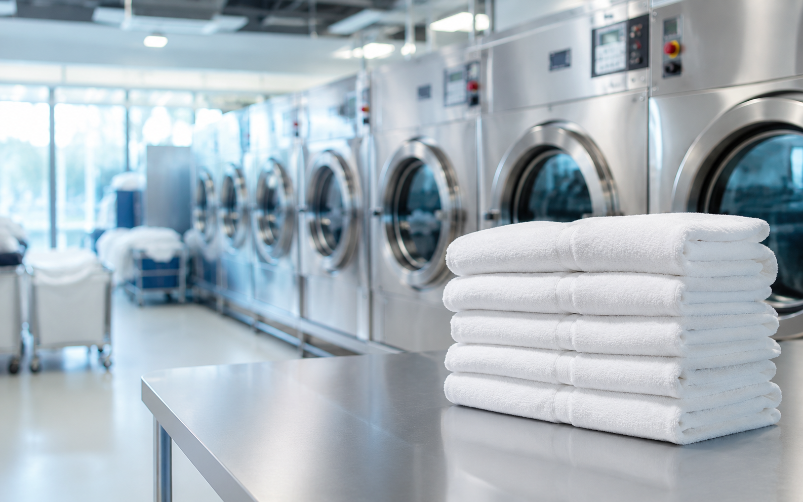 Fresh white towels in modern laundromat
